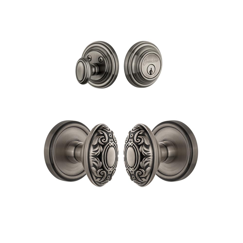 Grandeur by Nostalgic Warehouse Single Cylinder Combo Pack Keyed Differently - Georgetown Rosette with Grande Victorian Knob and Matching Deadbolt in Antique Pewter
